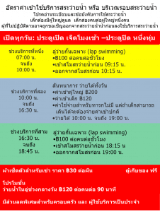 อัตราค่าเข้าใช้บริการสระว่ายน้ำ หรือ บริเวณรอบสระว่ายน้ำ